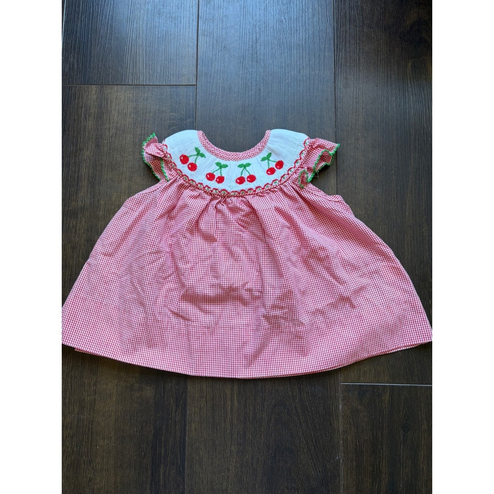 Edgehill collection Red Gingham Smocked Cherry Dress Ruffle Sleeve siz newborn
